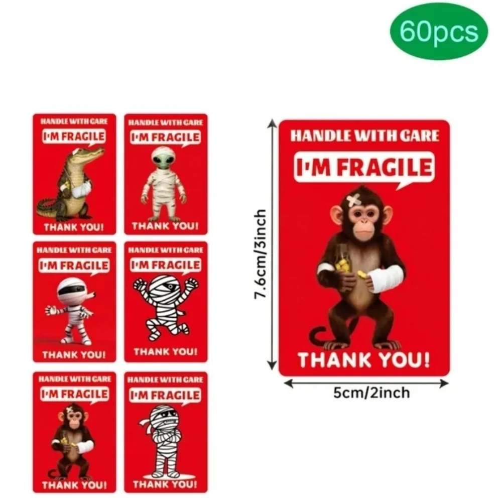 Red 'Handle With Care I'm Fragile' Shipping Labels Stickers - Mummies/Animals 60